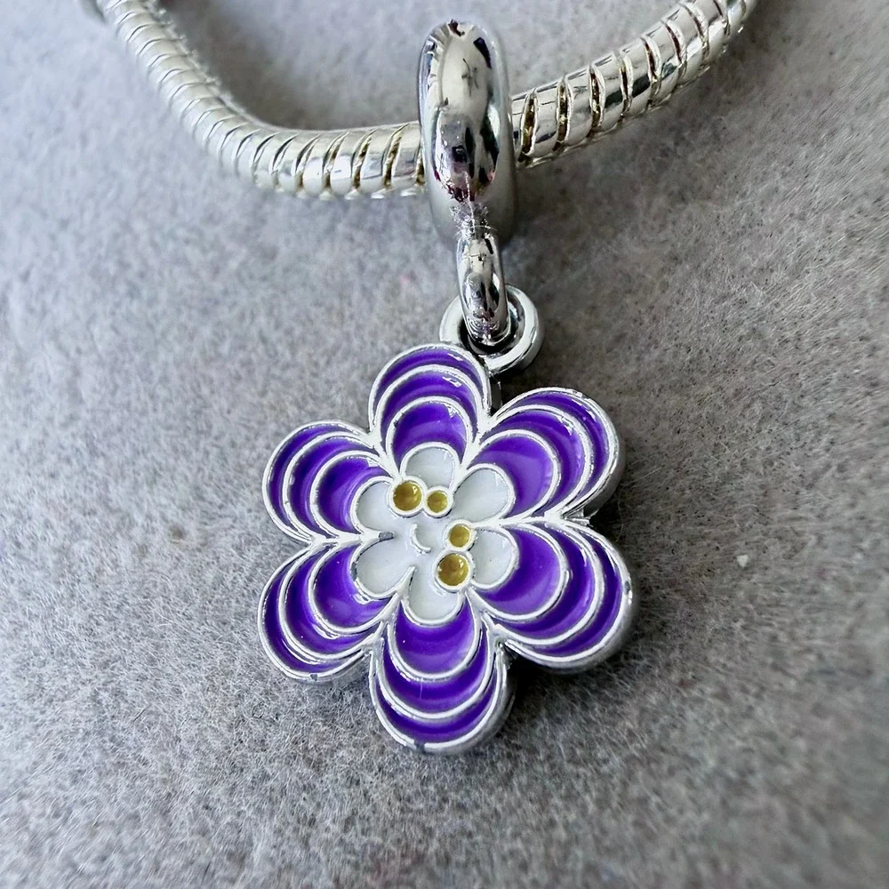 Purple Enamel Flower Dangle Charm fits PANDORA